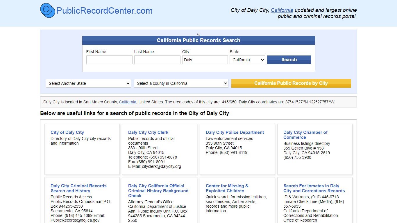Daly City, California Public Records and Criminal Background Check
